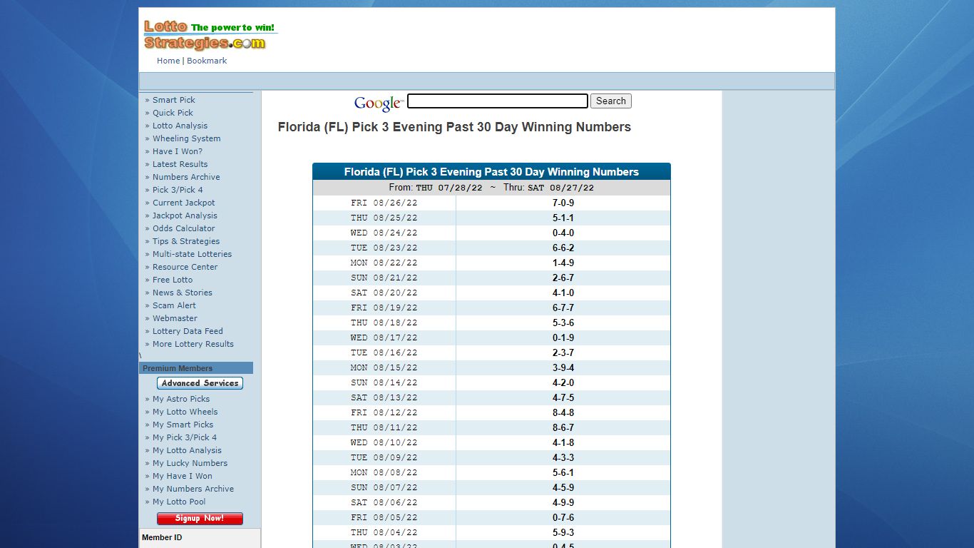 Florida (FL) Pick 3 Evening Past 30 Day Winning Numbers - Lotto Strategies